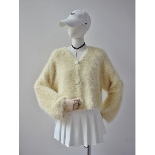 毛衫之都奶黃色仿水貂絨開衫毛衣外套短款奶fufu溫柔軟糯上衣女