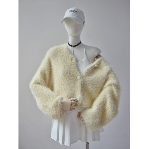 毛衫之都奶黃色仿水貂絨開衫毛衣外套短款奶fufu溫柔軟糯上衣女