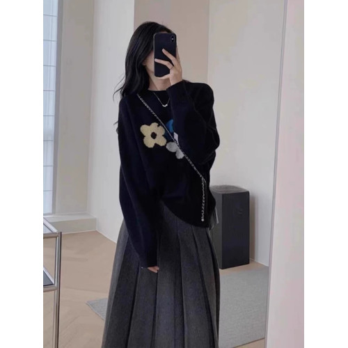 韓系慵懶風花朵毛衣女2025秋冬新款vintage復古針織上衣寬松百搭