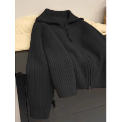 軟糯慵懶雙拉鍊毛衣外套女秋冬季翻領針織開衫寬松外搭浣熊絨上衣