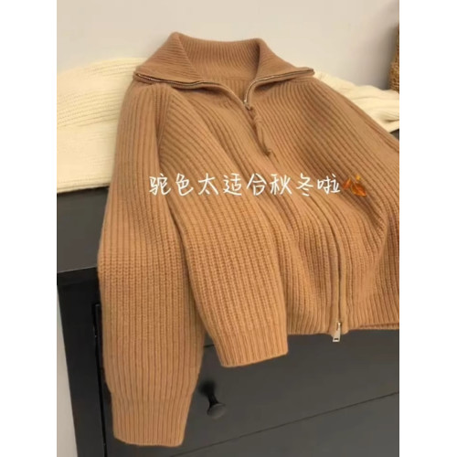 軟糯慵懶雙拉鍊毛衣外套女秋冬季翻領針織開衫寬松外搭浣熊絨上衣