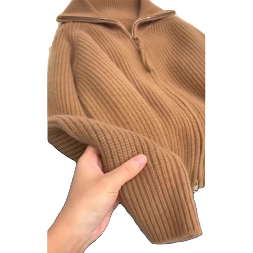 軟糯慵懶雙拉鍊毛衣外套女秋冬季翻領針織開衫寬松外搭浣熊絨上衣