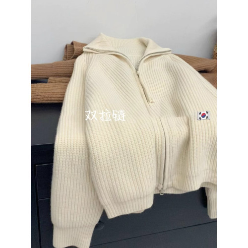 軟糯慵懶雙拉鍊毛衣外套女秋冬季翻領針織開衫寬松外搭浣熊絨上衣