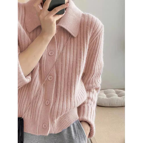 粉色polo領毛衣開衫外套女小個子秋冬高級感軟糯寬松翻領針織上衣