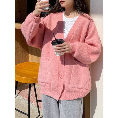 藍色奶系秋冬毛衣開衫女2025新款慵懶風寬松V領溫柔針織外套上衣