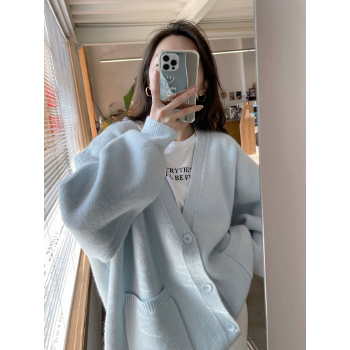 藍色奶系秋冬毛衣開衫女2025新款慵懶風寬松V領溫柔針織外套上衣