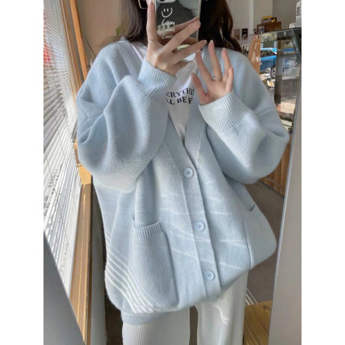 藍色奶系秋冬毛衣開衫女2025新款慵懶風寬松V領溫柔針織外套上衣