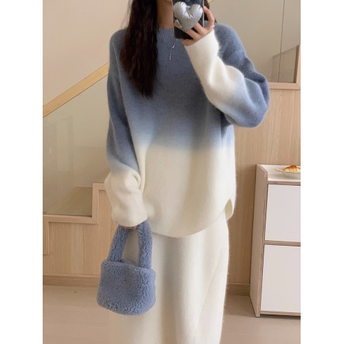 漸變色慵懶寬松針織衫秋冬氣質休閒內搭圓領套頭毛衣長袖打底衫女