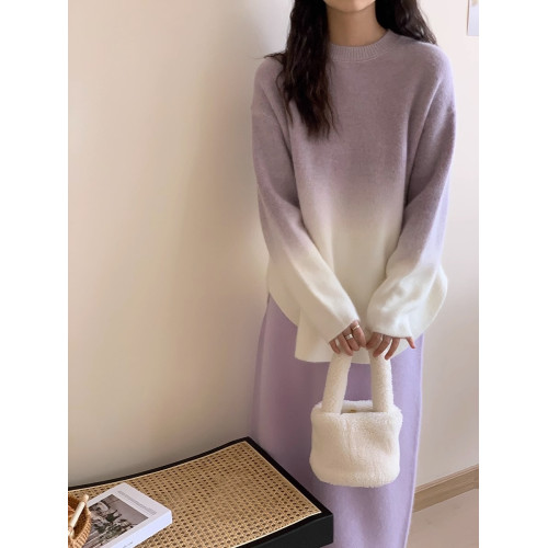 漸變色慵懶寬松針織衫秋冬氣質休閒內搭圓領套頭毛衣長袖打底衫女