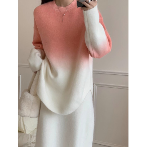 漸變色慵懶寬松針織衫秋冬氣質休閒內搭圓領套頭毛衣長袖打底衫女