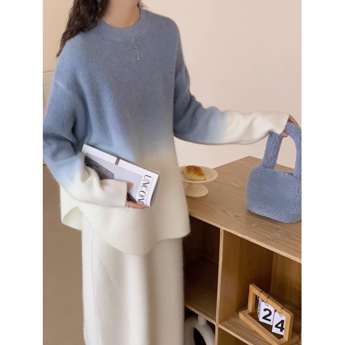 漸變色慵懶寬松針織衫秋冬氣質休閒內搭圓領套頭毛衣長袖打底衫女