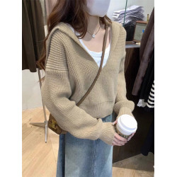 復古小衆設計感v領海軍領短款毛衣女秋冬外穿加厚套頭高腰針織衫