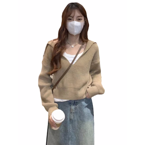 復古小衆設計感v領海軍領短款毛衣女秋冬外穿加厚套頭高腰針織衫