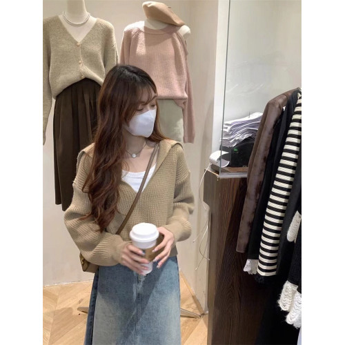 復古小衆設計感v領海軍領短款毛衣女秋冬外穿加厚套頭高腰針織衫