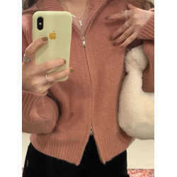 白色拉鍊毛衣外套女秋冬設計感小衆翻領寬松加厚針織開衫外穿上衣