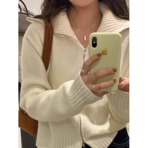 白色拉鍊毛衣外套女秋冬設計感小衆翻領寬松加厚針織開衫外穿上衣
