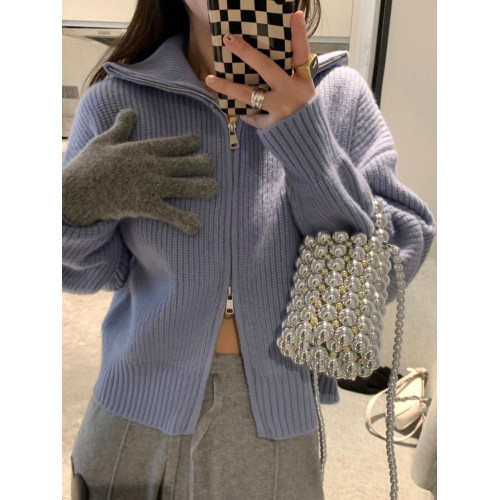 白色拉鍊毛衣外套女秋冬設計感小衆翻領寬松加厚針織開衫外穿上衣