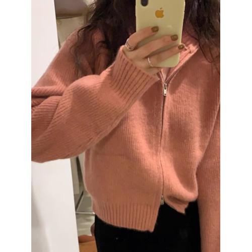 白色拉鍊毛衣外套女秋冬設計感小衆翻領寬松加厚針織開衫外穿上衣