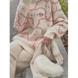 粉色小熊毛衣女秋冬套頭寬松針織衫外穿日系奶呼呼軟糯慵懶風外套