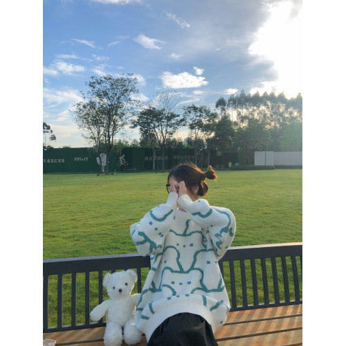 粉色小熊毛衣女秋冬套頭寬松針織衫外穿日系奶呼呼軟糯慵懶風外套