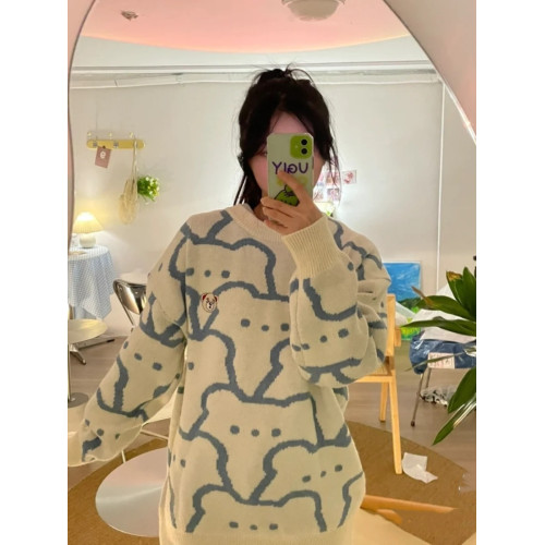 粉色小熊毛衣女秋冬套頭寬松針織衫外穿日系奶呼呼軟糯慵懶風外套