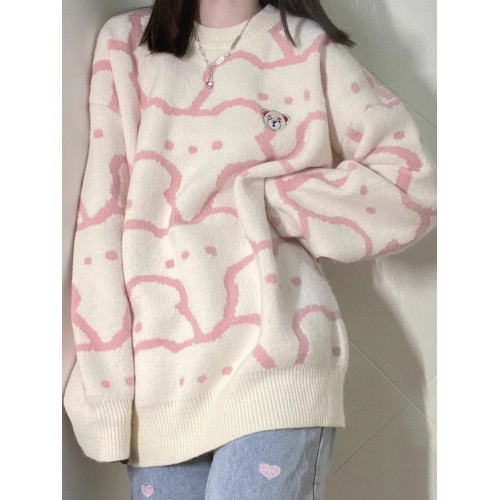 粉色小熊毛衣女秋冬套頭寬松針織衫外穿日系奶呼呼軟糯慵懶風外套