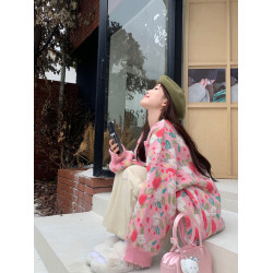 胖mm高級感超好看慵懶風毛衣女春秋新款大碼甜美花朵粉色針織外套