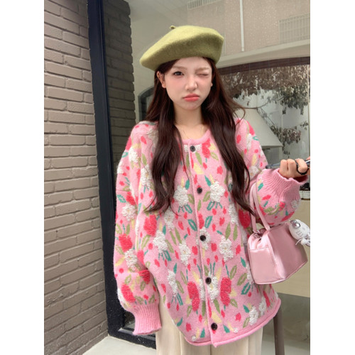 胖mm高級感超好看慵懶風毛衣女春秋新款大碼甜美花朵粉色針織外套