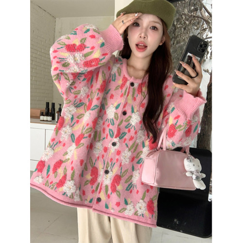胖mm高級感超好看慵懶風毛衣女春秋新款大碼甜美花朵粉色針織外套