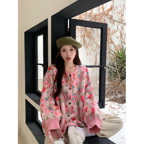 胖mm高級感超好看慵懶風毛衣女春秋新款大碼甜美花朵粉色針織外套