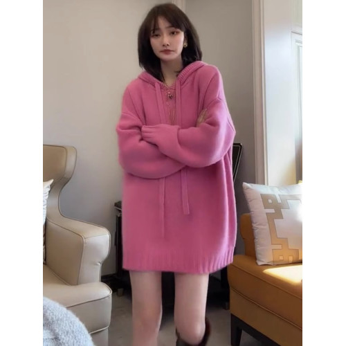 歐洲站粉色針織連帽中長款毛衣女2025秋季新款寬松慵懶套頭上衣潮 歐洲站粉色針織連帽中長款毛衣女2025秋季新款寬松慵懶套頭上衣潮