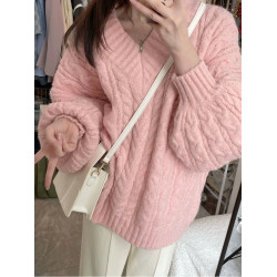 V領藍色麻花套頭毛衣女秋冬2025年新款加厚寬松高級感慵懶風上衣