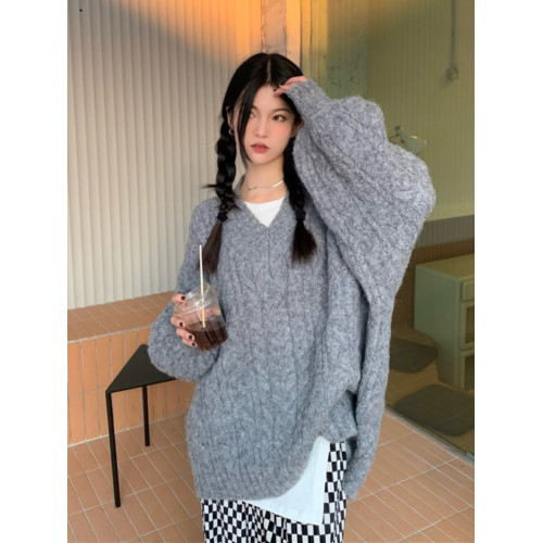 V領藍色麻花套頭毛衣女秋冬2025年新款加厚寬松高級感慵懶風上衣 V領藍色麻花套頭毛衣女秋冬2025年新款加厚寬松高級感慵懶風上衣