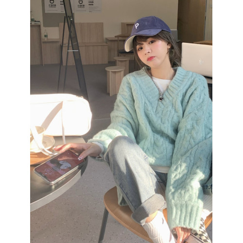 V領藍色麻花套頭毛衣女秋冬2025年新款加厚寬松高級感慵懶風上衣 V領藍色麻花套頭毛衣女秋冬2025年新款加厚寬松高級感慵懶風上衣
