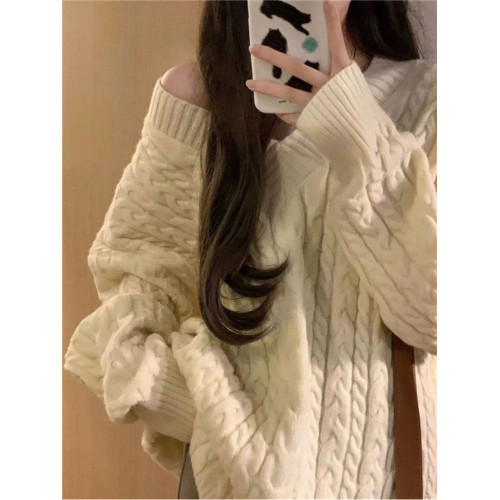 V領藍色麻花套頭毛衣女秋冬2025年新款加厚寬松高級感慵懶風上衣 V領藍色麻花套頭毛衣女秋冬2025年新款加厚寬松高級感慵懶風上衣