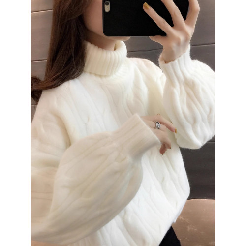 白色高領毛衣女秋冬季加絨加厚2025年新款寬松洋氣內搭麻花打底衫