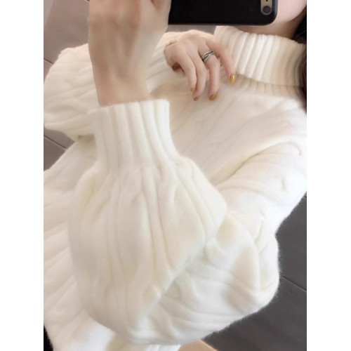 白色高領毛衣女秋冬季加絨加厚2025年新款寬松洋氣內搭麻花打底衫