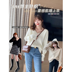 v領毛衣女秋冬高級感寬松針織衫2025新款打底衫內搭早秋黑色上衣