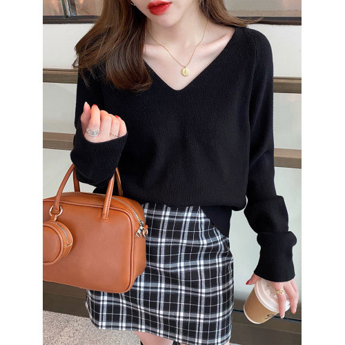 v領毛衣女秋冬高級感寬松針織衫2025新款打底衫內搭早秋黑色上衣