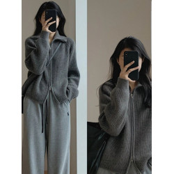 復古翻領毛衣外套女秋冬新款針織開衫寬松外穿打底拉鍊上衣加厚潮