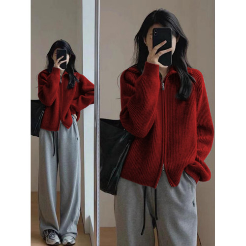 復古翻領毛衣外套女秋冬新款針織開衫寬松外穿打底拉鍊上衣加厚潮