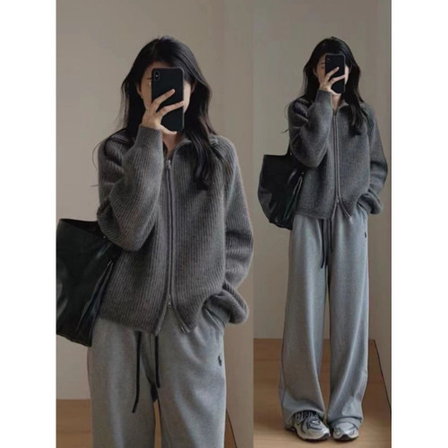 復古翻領毛衣外套女秋冬新款針織開衫寬松外穿打底拉鍊上衣加厚潮