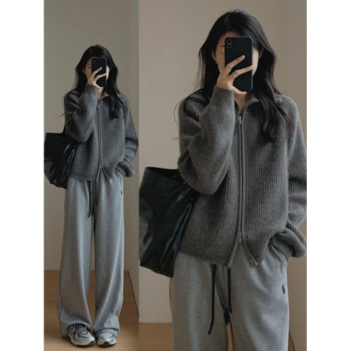 復古翻領毛衣外套女秋冬新款針織開衫寬松外穿打底拉鍊上衣加厚潮