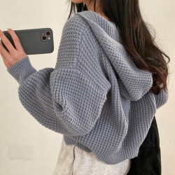 韓國chic秋冬慵懶寬松燈籠袖連帽針織開衫氣質拉鍊短款毛衣外套女