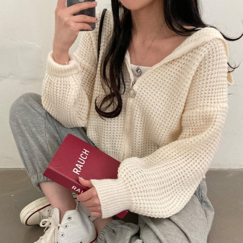 韓國chic秋冬慵懶寬松燈籠袖連帽針織開衫氣質拉鍊短款毛衣外套女 韓國chic秋冬慵懶寬松燈籠袖連帽針織開衫氣質拉鍊短款毛衣外套女