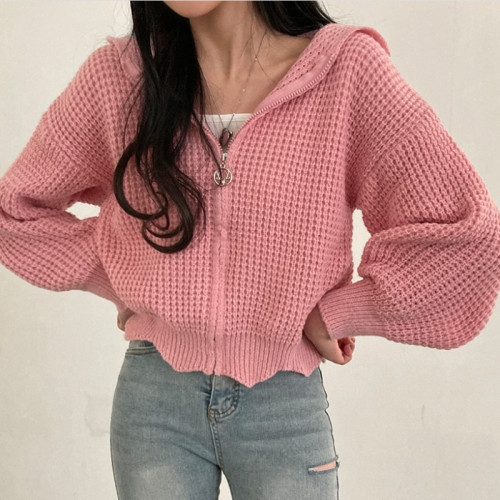韓國chic秋冬慵懶寬松燈籠袖連帽針織開衫氣質拉鍊短款毛衣外套女 韓國chic秋冬慵懶寬松燈籠袖連帽針織開衫氣質拉鍊短款毛衣外套女