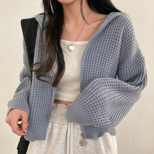 韓國chic秋冬慵懶寬松燈籠袖連帽針織開衫氣質拉鍊短款毛衣外套女 韓國chic秋冬慵懶寬松燈籠袖連帽針織開衫氣質拉鍊短款毛衣外套女
