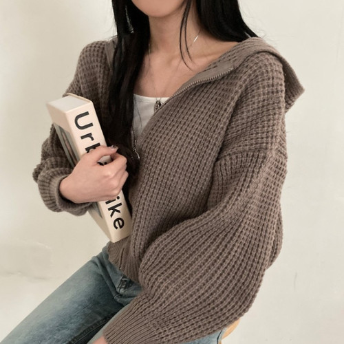 韓國chic秋冬慵懶寬松燈籠袖連帽針織開衫氣質拉鍊短款毛衣外套女 韓國chic秋冬慵懶寬松燈籠袖連帽針織開衫氣質拉鍊短款毛衣外套女