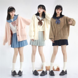 學院風JK製服開衫針織衫女秋冬款寬松百搭長袖外穿仿貂絨毛衣外套