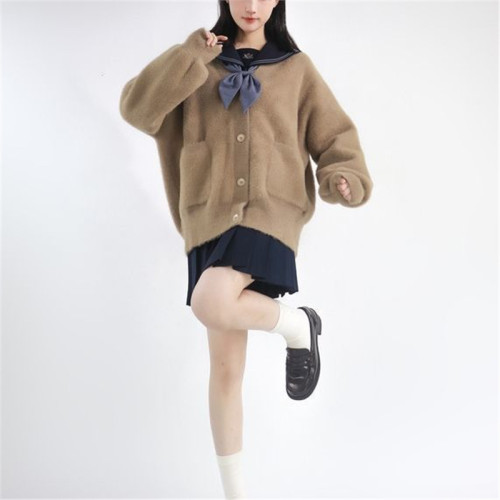 學院風JK製服開衫針織衫女秋冬款寬松百搭長袖外穿仿貂絨毛衣外套